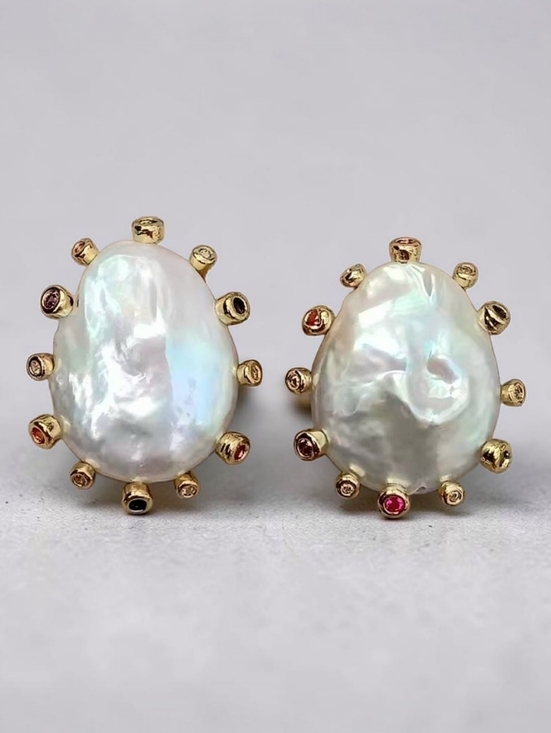 Jewelry - 14X18 MM Baroque Pearl Stud Earrings with Multicolor Gem Accents